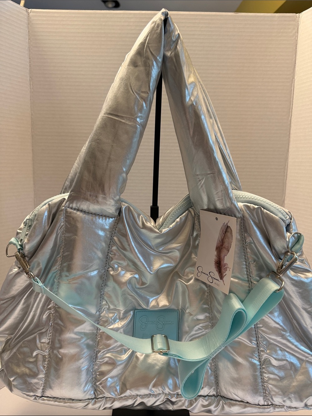 Jessica Simpson Silver Metallic Quilted Shoulder Bag with Mint Strap